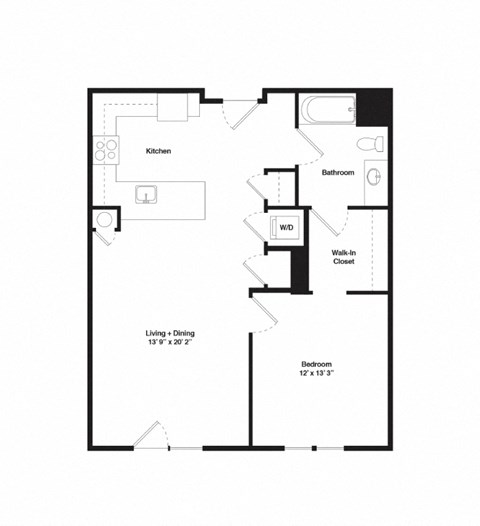 Floor plan for 1 bed, 1 bath, 809 sqft